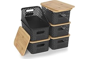 HapiLeap Plastic Storage Baskets With Bamboo Lid, Stackable Plastic Storage Boxes for Organizing Pantry Shelves Drawers Desktop Closet Playroom Classroom Office, 6 Pack (Black)