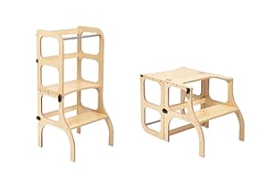 ETTE TETE Klappbarer Lernturm mit Sitzfunktion, 45 cm Stehhöhe, Step’n’Sit, Lernturm mit Sitz und Tisch umklappbar, Birkenholz, UV-Lackiert, Holz mit Messing Beschlägen