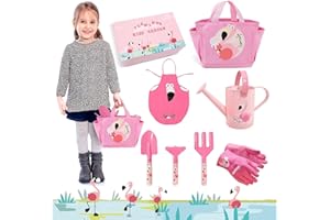 Hortem Kids Gardening Tools Set: 7 PCS Kids Gardening Toys Include Hand Tools, Garden Glove, Apron and Watering Can -Tots' Gifts (Pink)