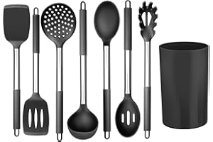 Joyfair Lot de 8 ustensiles de cuisine en silicone avec poignée en acier inoxydable, antiadhésifs, ensemble de couverts de cuisine avec porte-ustensiles, sains et durables – Noir