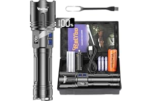 ‎RELYBO Relybo Taschenlampe LED Aufladbar 500,000 Lumen, LED Taschenlampe Extrem Hell XHM90.2 Batteriebetrieben USB, Starke Taktische Taschenlampe, 2 Schalter Stufenlos Dimmbar Flashlight for Outdoor Notfälle