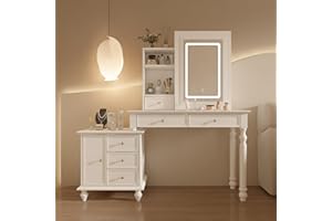 PREMTURE Eleganter Schminktisch in weißer Farbe, Schminktisch mit 5 Schubladen, Schminktisch mit LED-Beleuchtung, Schminktisch mit Nachttisch, Frisertisch mit Metallgriffe, Friserkommode mit Massivholzbeine