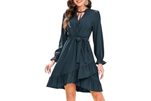 KOJOOIN Damen Wickelkleid Langarm Tunika Minikleid A-Linie mit Gürtel Hohe Taille Elegant Kurze Gerafftes Freizetikleid mit Rüschen（Verpackung MEHRWEG）