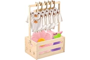 MTFun Wooden Baby Shower Crate Closet Baby Shower Basket with Handle Baby Storage Crate Hamper Baby Clothes Rack New Born Baby Gift Basket Pregnancy Gift for New Parent (1 rack+5 hanger)