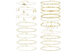 JSTHHTT 19 Pcs Bracelet Pied Femme Or Chaîne de Cheville Femme Bracelet de Cheville Grande Taille Idéal Or Tendance Délicats Empilable Ajustable Corde Chaîne Perlée Pied Bijoux de Plage, (or)