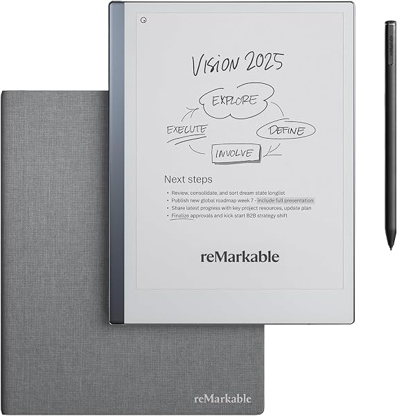 reMarkable 2 Bundle - Folio aus Polymergewebe | 10,3-Zoll reMarkable 2 Papier-Tablet, Marker Plus Pen mit integriertem Radiergummo und Book Folio-Hülle aus grauem Polymer Weave - 1