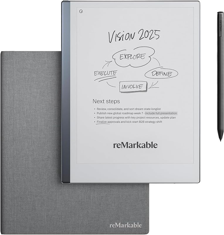 reMarkable 2 Bundle - Folio aus Polymergewebe | 10,3-Zoll reMarkable 2 Papier-Tablet, Marker Plus Pen mit integriertem Radiergummo und Book Folio-HĂĽlle aus grauem Polymer Weave