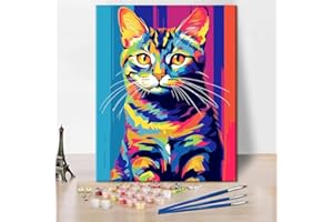 TISHIRON Malowanie według liczb, dla dorosłych, początkujących, kolorowe, abstrakcyjne kot, śliczne malowanie, zestaw do malowania według liczb, na płótnie, farba akrylowa, rysunek, malarstwo z