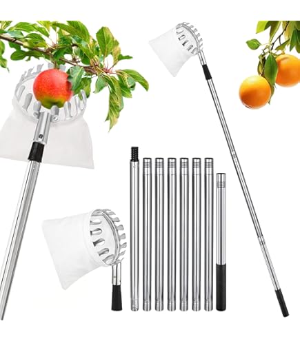 Cueille-fruits Télescopique 4,4 M - Perche En Alliage Aluminium, Sac En Tissu, Griffes Métal - Pour Pommes, Cerises, Olives - 11 Sections Avec étui
