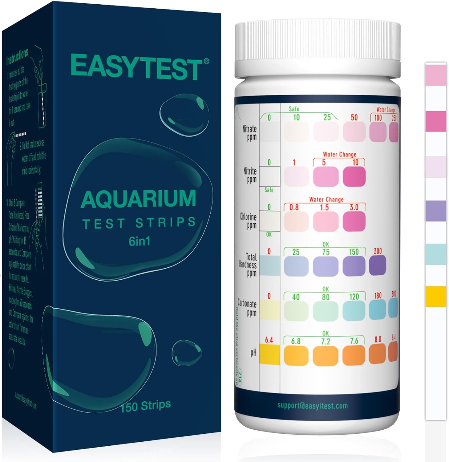 EASYTEST 6 in 1 Aquarium Test Strips, 150 Strip Pack Aquarium Water Test Kit for Freshwater, Fish Tank, Fish Pond, Accurate Testing Total Hardness, Carbonate Nitrate, Nitrite, Cl2, pH