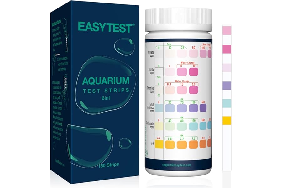 EASYTEST 6 in 1 Aquarium Test Strips, 150 Strip Pack Aquarium Water Test Kit for Freshwater, Fish Tank, Fish Pond, Accurate Testing Total Hardness, Carbonate Nitrate, Nitrite, Cl2, pH