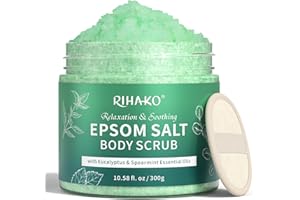 RIHAKO Eucalyptus & Spearmint Epsom Salt Body Scrub, Exfoliating Body Scrub for Women, Moisturizing and Nourishing Skin, Soothes Muscle Tension, All Skin Types, Bath Salts for Muscle Soak, 300g