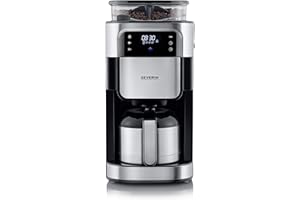 SEVERIN - Cafetera de goteo con molinillo hasta 10 tazas, Cafetera de filtro / Cafetera americana con jarra de cristal de 1l, con pantalla LED con temporizador, Acero inoxidable / Negro, KA 4814