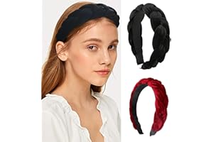 MisFun 2 Stück Samt Haarreif, Haarreifen Damen, Haarreif Geflochten, Geflochtenes Stirnband, Vintage Gepolsterte Haarreifen, Breit Haarband, Kopfband für Damen und Mädchen(Schwarz, Rot)