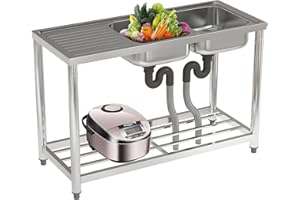 FIDOOVIVIA Commercial Restaurant Sink Stainless Steel Restaurant Kitchen with Storage Shelf, Double Bowl Catering Sink with Drain Free Standing Outdoor for Kitchen Bar 120x50x80cm(No Tap)