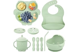 BNDITEU Baby Weaning Set, Silicone Baby Feeding Set(10 Pcs), Toddler Weaning Set with Adjustable Bib, Suction Bowl, Plate, Fork, Spoon, Water & Snack Cup Kit for Babies, Toddler and Kids (Green)