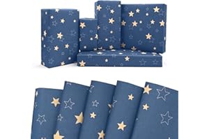 5 Sheets Blue Kraft Wrapping Paper,DXTXTJ 50x70cm Recyclable Christmas Wrapping Paper with Stars for Christmas,Father's Day,Birthday,Other Festivals