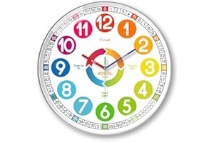 Uncle Yang Kinder Lernuhr 8 Zoll – Bunte Wanduhr zum Uhrzeit Lernen, Geräuschlos & Nicht tickend, Quarz Wand Uhr für Kinderzimmer Klassenzimmer Wohnzimmer Schlafzimmer, Silber
