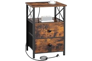 AMHANCIBLE Bedside Table, Side Table with Charging Station, Bedside Cabinet with 2 Fabric Storage Drawers, Sofa Side Table for Small Spaces, Nightstand for Living Room, Bedroom, Brown HET05XBR-1