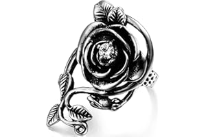 OIDEA Anillo vintage de acero inoxidable, diseño de flor de vid para mujer, color negro y plateado