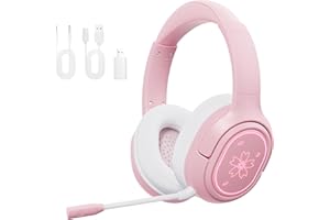 Mytrix Sakura Wireless Gaming Headset for PC, PS4, PS5, Mac, Switch, Surround Sound, 50mm Drivers, 2.4GHz & Bluetooth Gaming Headphones with Noise Cancelling Mic, Over Ear Headphones for Xbox - Pink
