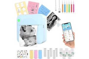 DSXVJHD Portable Thermal Printer with 14 Rolls Paper, Bluetooth Wireless Sticker Pocket Printer, Mini Label Machine for Note Picture Journal Gift (Blue)