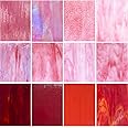 ILLUCKAI 12 Sheets Mixed Red Pink Stained Glass Sheets, 4 x 6 inch Stained Glass Supplies Mosaic Glass Tiles for Crafts, Cathedral Glass Art Glass for Stained Glass Beginners and Hobbyists