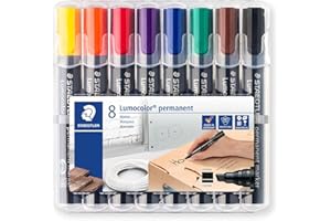 Staedtler Lumocolor Marqueur permanent à pointe biseautée, résistant à l'eau et aux frottements, séchage rapide, Staedtler Box de 8 marqueurs aux couleurs assorties, 350 WP8