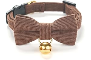 YUDOTE Collare ultra morbido in velluto a coste di cotone naturale realizzato per gatti con pelle sensibile, collare leggero per gattini con fibbia a sgancio rapido e papillon rimovibile, marrone,