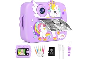GuKKK 1080p aparat dziecięcy, aparat cyfrowy z ekranem 2,4", dla dzieci, z kartą 32 GB, 13 rolek papieru do drukowania, 5 kolorowych długopisów, prezent (Fioletowy)