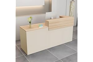 CCUKTFN Bancone Reception Moderno in Legno con Ripiani e Cassetti, 100–180 cm Bancone Negozio, Bancone da Accoglienza per Ufficio, Salone, Negozio, Hotel, Studio Professionale Beige+Legno/Destra 110x100x60cm