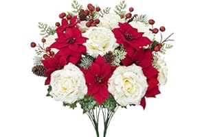 FALSKT Fiori Poinsettia Artificiale Fiori di Natale Artificiali da Interno Esterno Fiori Rossi Stella di Natale con Rose di Natale, Bacche Artificiali e Pigne per Casa all'aperto Interno