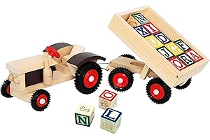 Bino & Mertens 82077 Traktor mit ABC-Anhänger, Spielzeug für Kinder ab 3 Jahre, Motorikspielzeug (Holzspielzeug mit 17 Teilen, Kinderspielzeug inkusive 15 Würfel mit Zahlen, Buchstaben & Motiven), Mehrfarbig