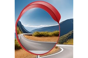 WODHMIEY Outdoor Convex Traffic Mirror with Sun Visor 30/45/60 cm Wide Angle Safety Mirror Impact Resistant PC Lens Pole Mountable for Driveway Road Garage Warehouse Use Red Warning Back