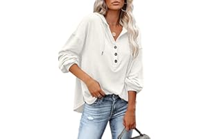 PLOKNRD Kapuzenpullover Damen Langarm Knöpfen Pullover mit Kordelzug Freizeit V-Ausschnitt Hooded Henley Sweatshirt Klassisch