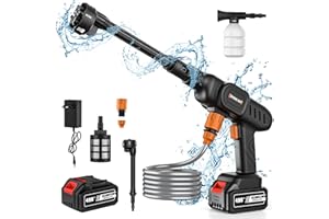 Qawner Nettoyeur Haute Pression, Pistolet Haute Pression sans Fil, 60Bar, Multi-Usage, Buse Pivotante, Jaune, Alimenté par Pile