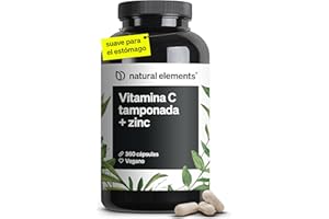 NATURAL ELEMENTS Vitamina C - 360 cápsulas - Dosis alta de 1000 mg + 15 mg de zinc (2 cápsulas/día) - Producto vegetal fermentado y tamponado (pH neutro, sin ácido, suave para el estómago) Probado en laboratorio