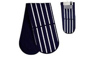 Premier Housewares 100% Cotton Gloves, Double Oven Mitts, Striped, Heat Resistant, H83X W18X D2, Blue