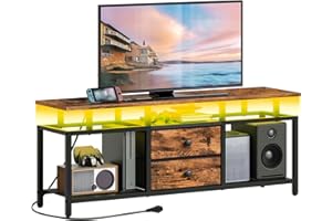YATINEY Mueble de TV, para Televisión hasta 45’’, Consola Multimedia con Regleta y Tira de Luz LED, Soporte para TV con Cajones y Estantes, para Salón, Dormitorio, Marrón Rústico XDS03CDBR