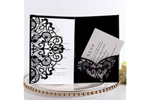 BLUGUL 10 Stück Hochzeit Einladungskarten, Hochzeitskarten, Hollow Floral Design, mit 2 Blanko-Karte, Schwarz