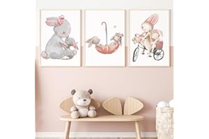 Zamety Affiche Decoration Murale Enfants, Set 3 Poster Mural de Lapin Rose, Couleur Rose Poster 30×40cm, Tableaux, Posters et Arts Décoratifs Applicable à Deco Chambre Ado Fille, Sans Cadre