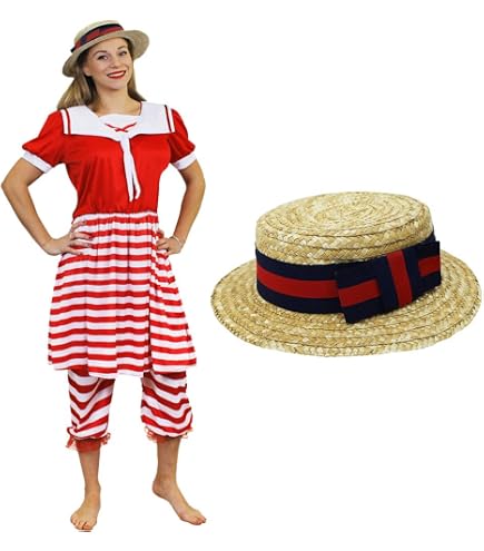 I LOVE FANCY DRESS Viktorianischer Herren Badeanzug Kostüm – Inkl. Hut, Größe M, Rot-weiß Gestreift