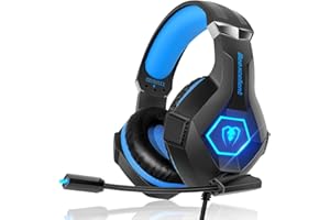 Gaming Headset for PS4 iKiKin Xbox One Headset with Mic, Stereo Surround Sound Noise Canceling Deep Bass LED Light, Wired Over Ear Gaming Headphones for PC iPad Laptop (Blue)