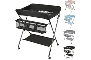 RELOVE Fasciatoio Pieghevole per Neonato con Struttura Stabile,Fasciatoio per Bambini, Salva Spazio, per Cambio Pannolino,4 ruote con freno,Fasciatoio Portatile con Scomparti Portaoggetti (80*66*98cm-Nero)