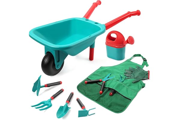 CUTE STONE Brouette Enfants Ensemble d'outils jardinage pour enfants, jouets jardin avec brouette, gants, râteau à main, pelle, double houe, jouets d'intérieur et d'extérieur, cadeau garçons et filles