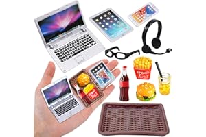 UEOTO Miniatur Wichtel Zubehör, Miniatur Puppenhaus Zubehör 1/12 Miniatur Laptop Handy Mini Brille Hamburger Cola Pommes Getränke Tablett Miniatur Lebensmittel Puppenzubehör Miniatur Deko Möbel 10 Stück