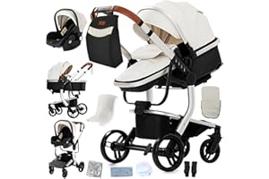 Doraystar Pelle PU Passeggino 3 in 1, Passeggino Trio con Due Modalità di Spinta Reversibile, Passeggino Neonati con Design Pieghevole in Un Clic, Trio Neonato Grande Nacelle Comoda (B518 White)