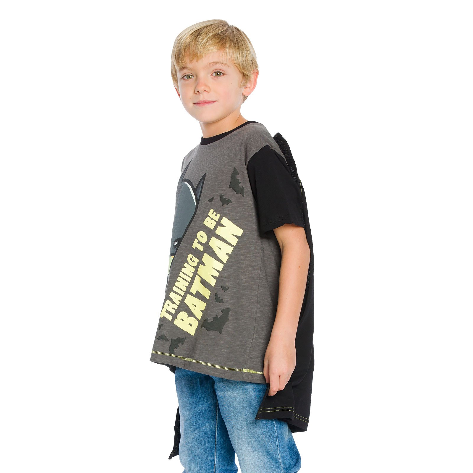 Batman-Kinder-T-Shirt-mit-Cape-DC-Comics-Baumwolle-Grau-Schwarz