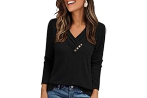 Cuptacc Pull Femme Col V Tee Shirt Manche Longue Femme Tunique Couleur Unie Longue Haut Chic Et Élégant Pulls Bouton Décoratif