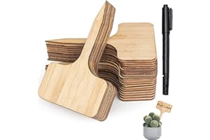 AMZJIMTOP 25Pcs Bamboo Plant Labels - Plant Labels for Outdoor Plants and Marker Pen, 10x6cm T-Type Wooden Plant Labels Garden Markers Plant Tags Greenhouse Accessories for Potted Herbs Seed Flowers Vegetables